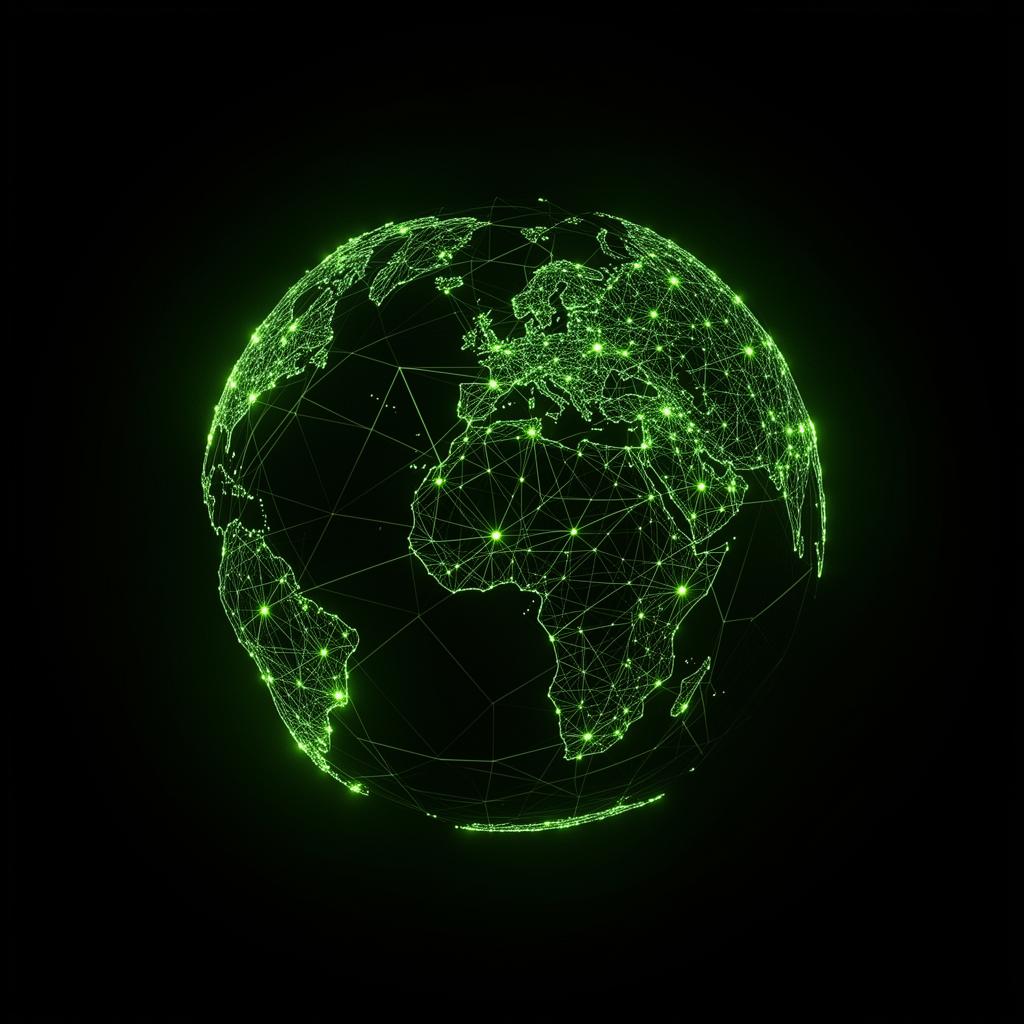 Global network of AI voice nodes with neon green connections